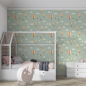 Colorful balloon wallpaper creating dreamy kids bedroom decor with floating balloons design