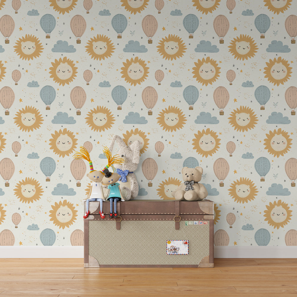 Sky adventure balloon wallpaper transforming children's bedroom with whimsical cloud design