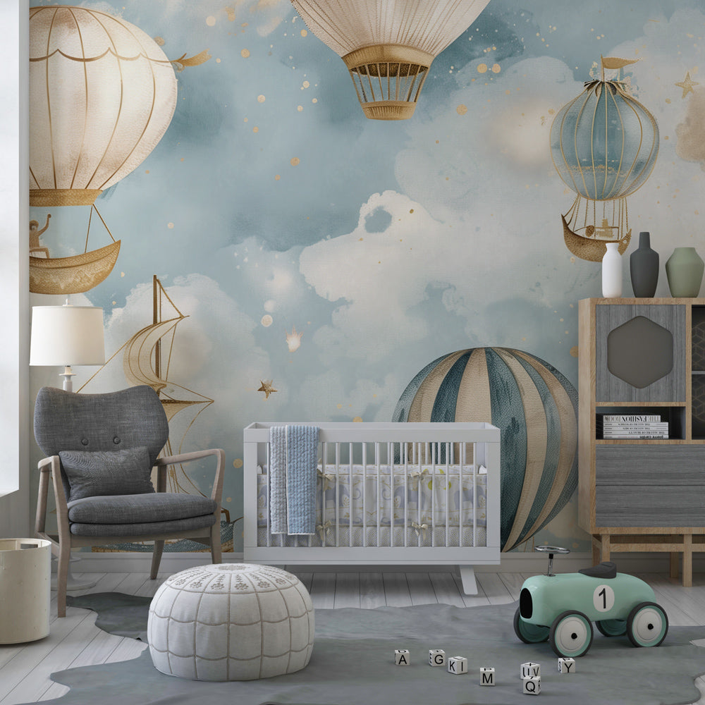 Dreamy sky mural wallpaper with floating balloons creating magical kids bedroom atmosphere
