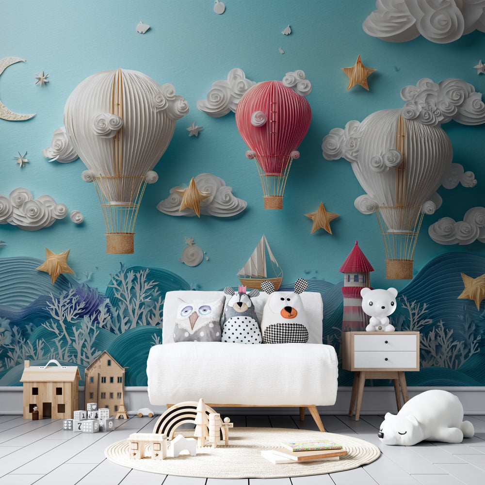 Adventure themed mural wallpaper with colorful balloons and ocean waves in modern kids bedroom