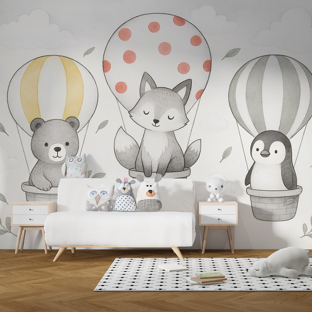 Children's bedroom featuring hot air balloon wallpaper with animals floating in clouds
