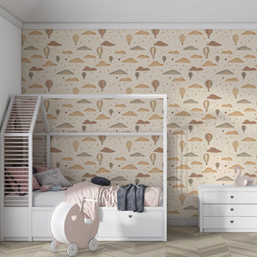 Beige hot air balloon wallpaper creating serene kids bedroom decor with mountain scenes