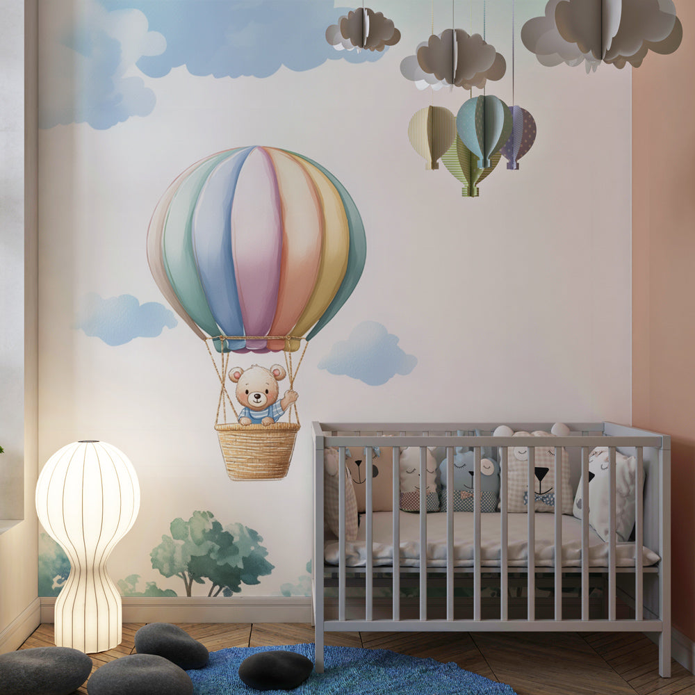 Bear adventure balloon wallpaper creating dreamy kids bedroom decor atmosphere