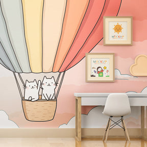 Whimsical cats balloon wallpaper creating dreamy atmosphere in children's bedroom decor