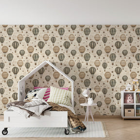 Vintage hot air balloon wallpaper creating dreamy atmosphere in children's bedroom decor