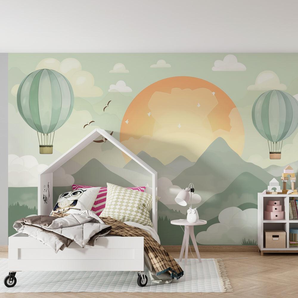 Mountain adventure wallpaper creating peaceful kids bedroom decor with colorful balloons