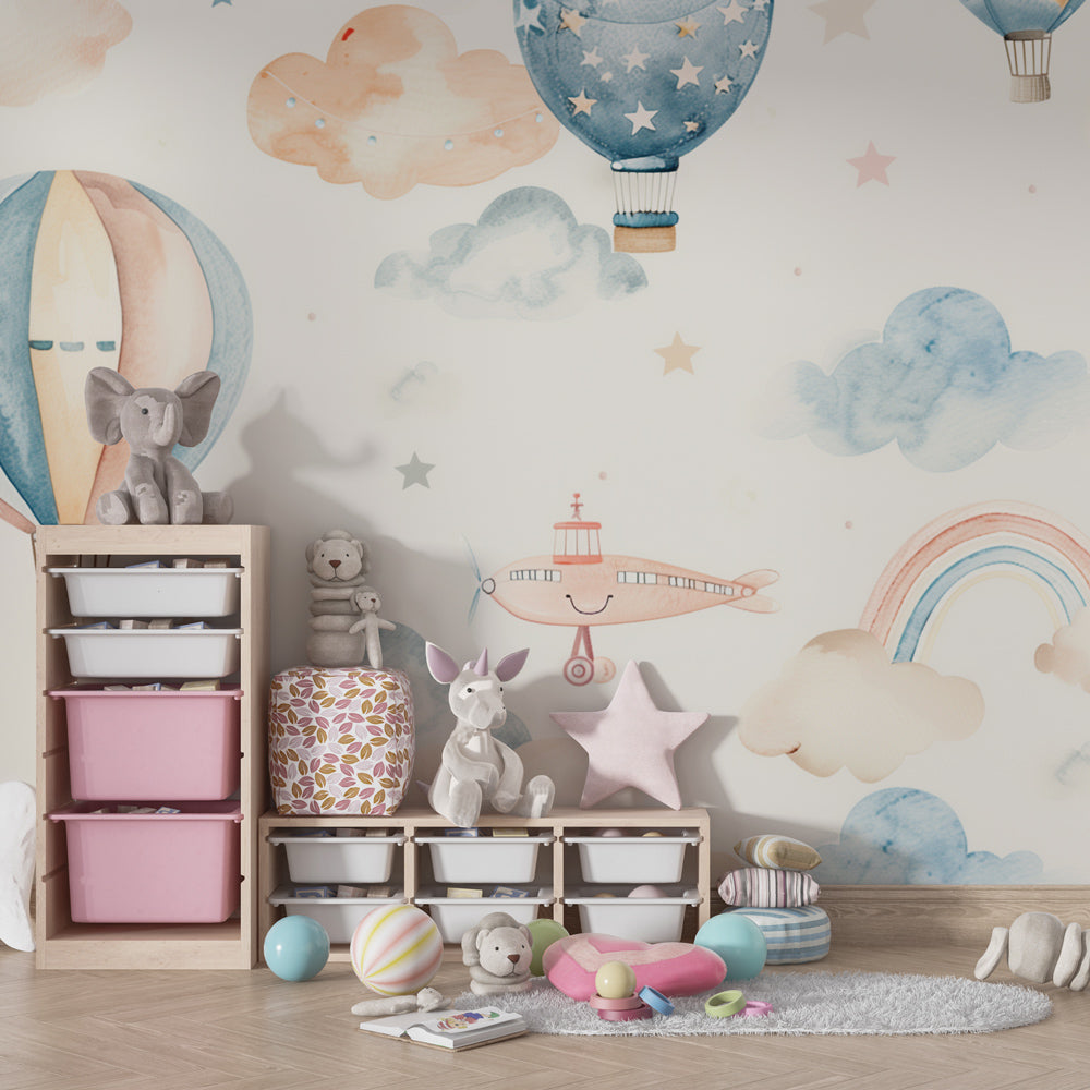 Children's hot air balloon mural wallpaper transforming toddler bedroom into magical space