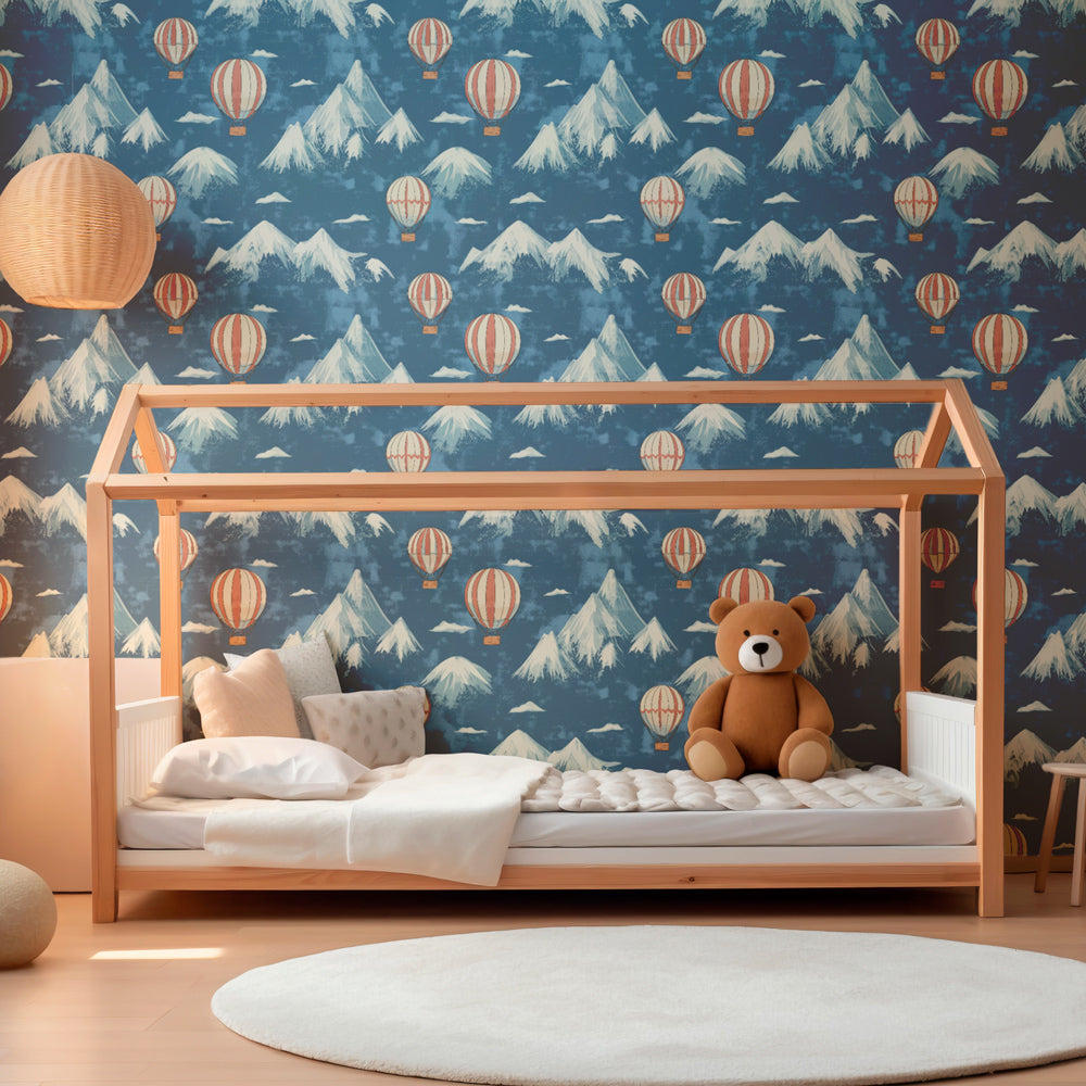 Adventure-themed balloon wallpaper creating inspiring kids bedroom atmosphere with mountain backdrop