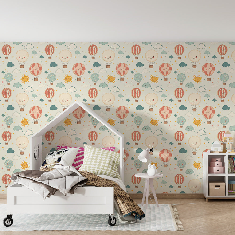 Pastel hot air balloon wallpaper transforming children's bedroom into sky adventure theme