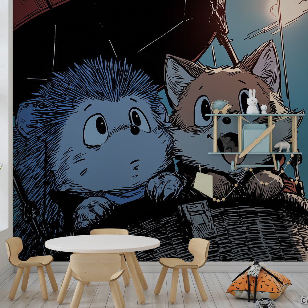 Children's bedroom featuring hot air balloon mural wallpaper with hedgehog and fox characters