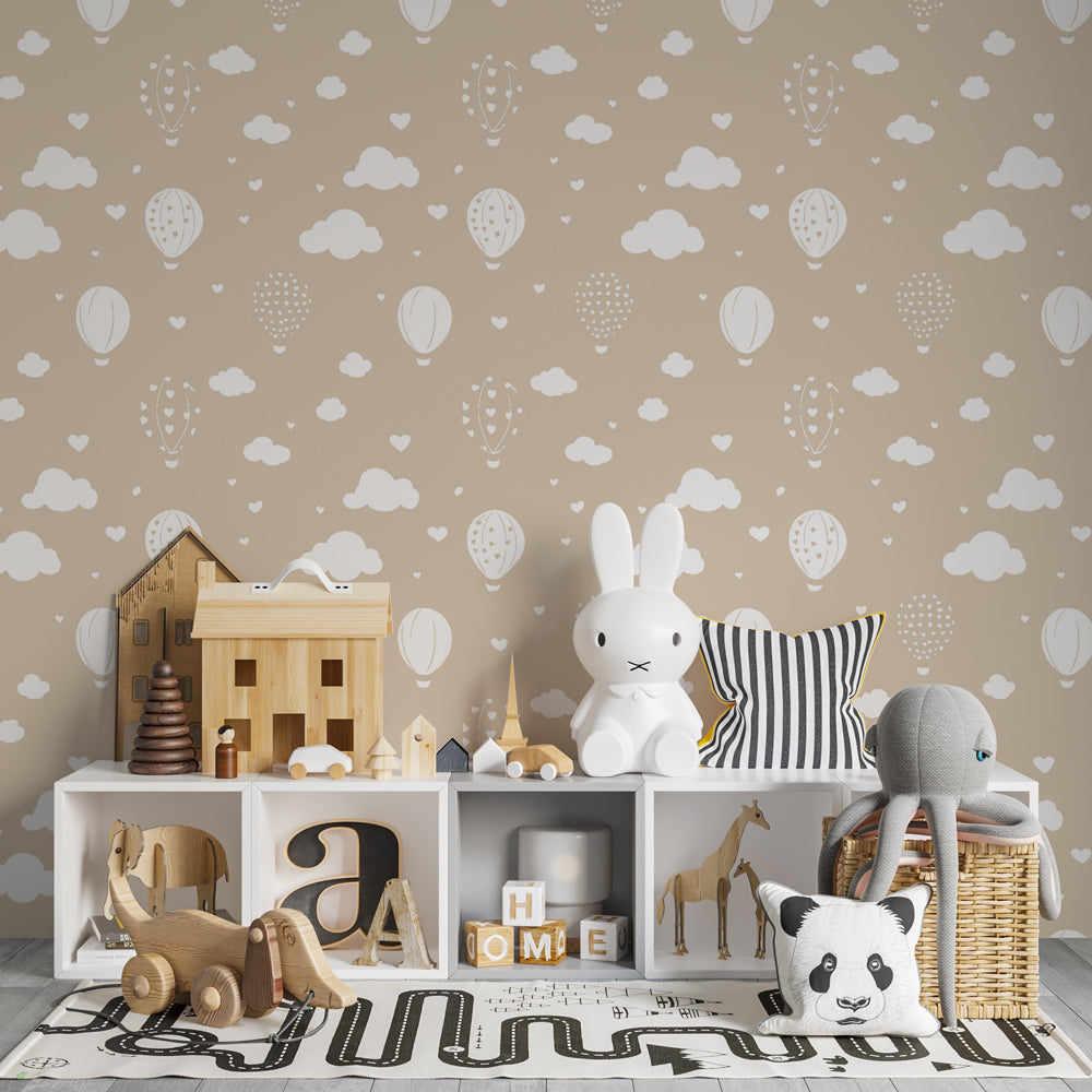 Dreamy hot air balloon wallpaper with clouds and hearts in cozy children's bedroom setting