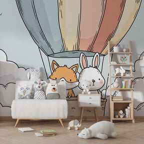 Adventure themed children's bedroom featuring fox rabbit balloon wallpaper by Kids-Mundo