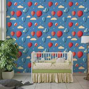 Colorful balloon wallpaper transforming children's bedroom into sky adventure space