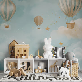 Starry clouds and hot air balloon mural wallpaper for peaceful nursery environment