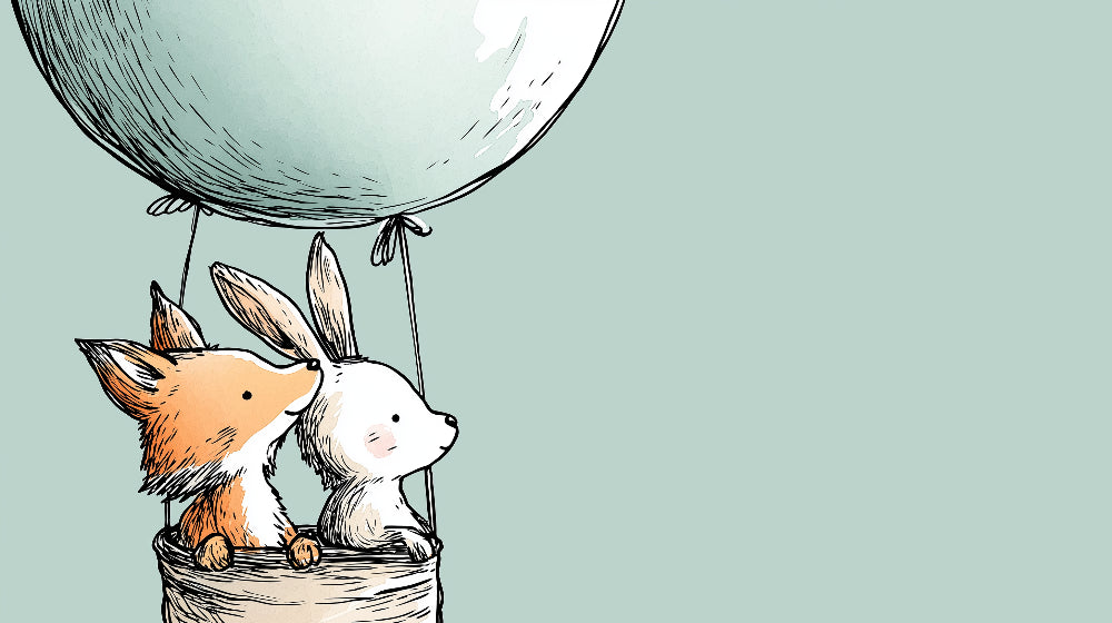 Detailed hot air balloon mural wallpaper design pattern with fox and rabbit characters by Kids-Mundo
