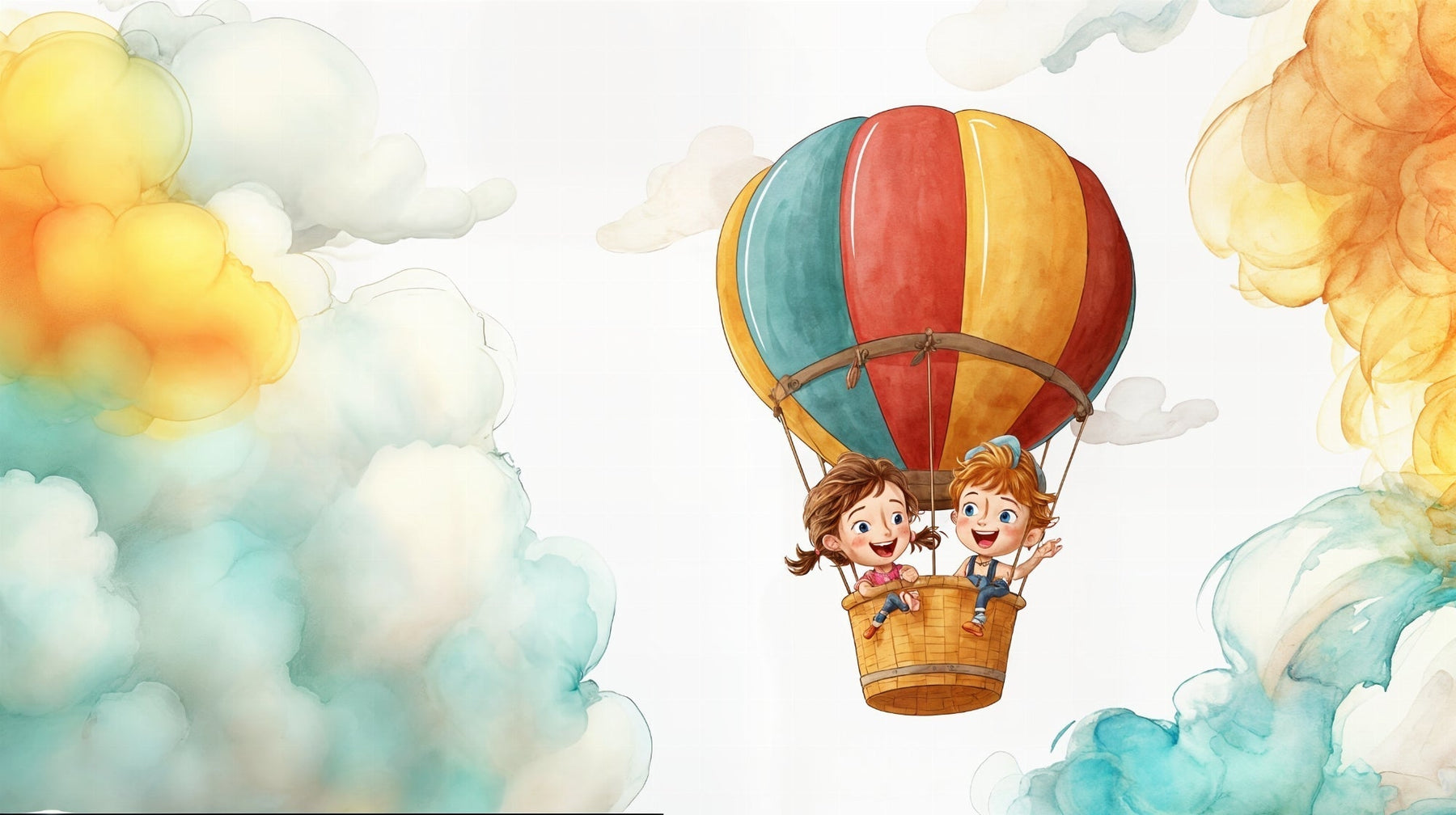 Detailed hot air balloon mural wallpaper design pattern with children and clouds by Kids-Mundo