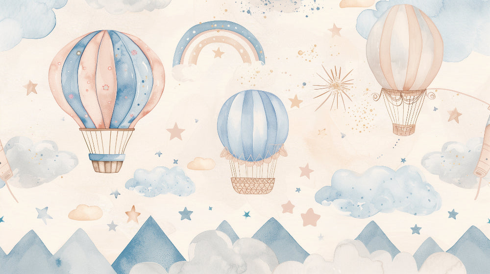 Detailed hot air balloon mural wallpaper design pattern with pastel sky and stars by Kids-Mundo