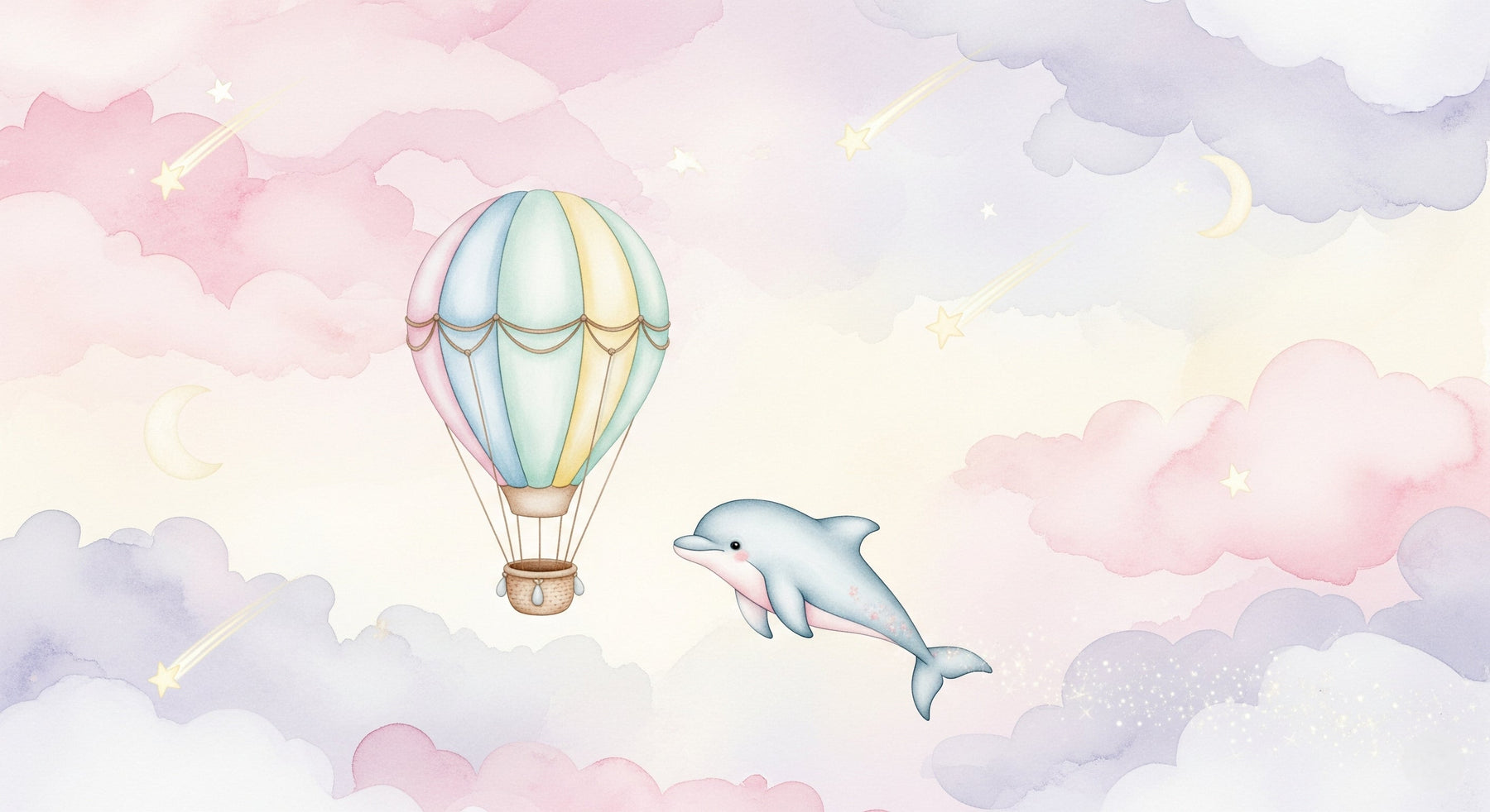 Detailed hot air balloon and dolphin cloud mural wallpaper design pattern by Kids-Mundo