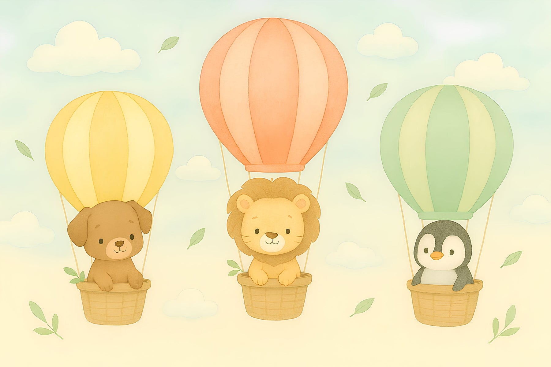 Detailed hot air balloon mural wallpaper design pattern with animals and clouds by Kids-Mundo