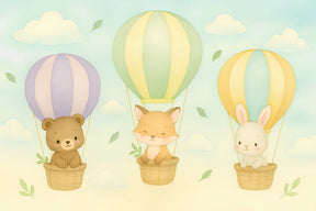 Detailed pastel hot air balloon mural wallpaper design pattern with animals and clouds by Kids-Mundo
