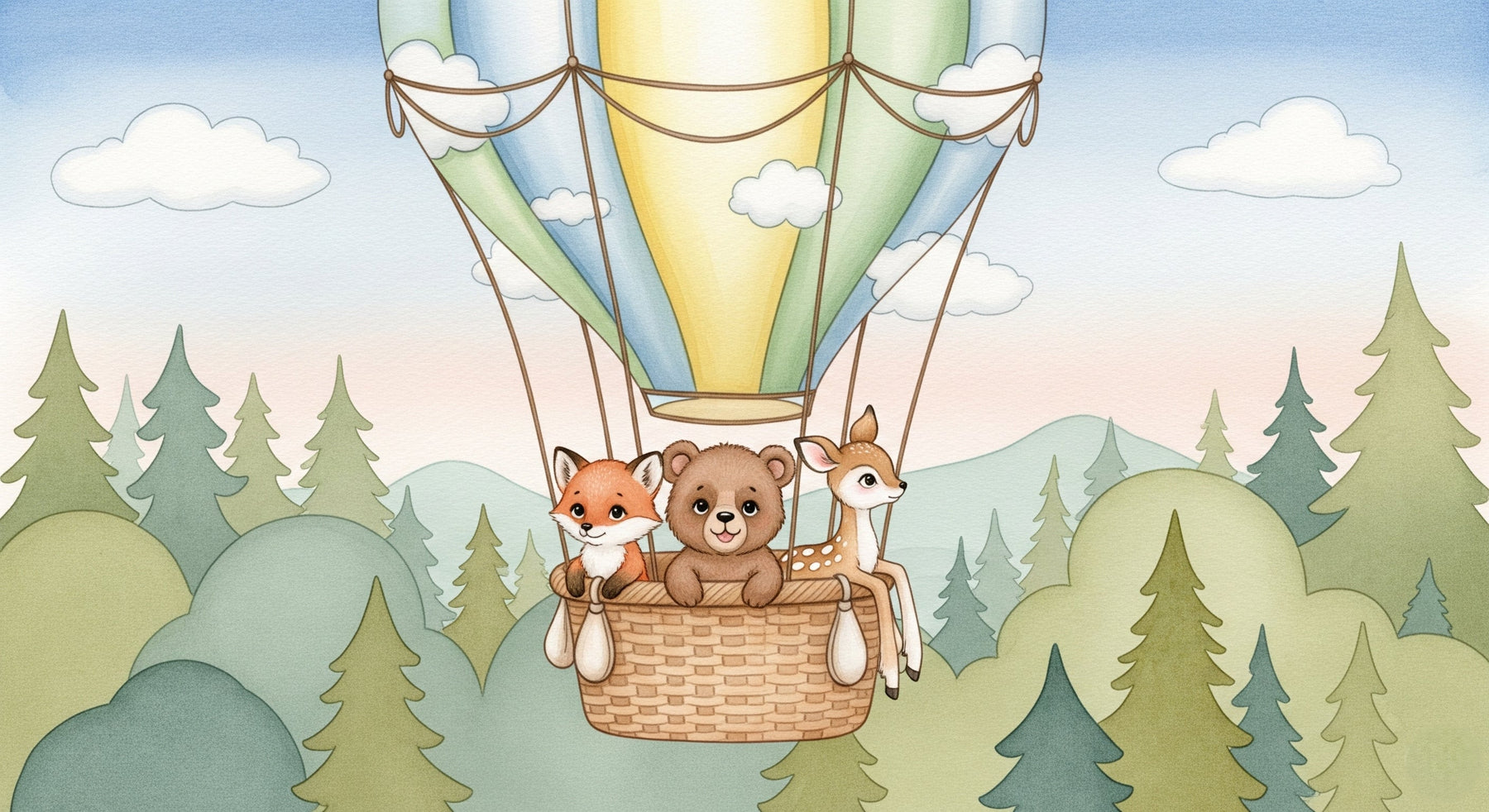 Detailed hot air balloon and woodland friends mural wallpaper design pattern by Kids-Mundo
