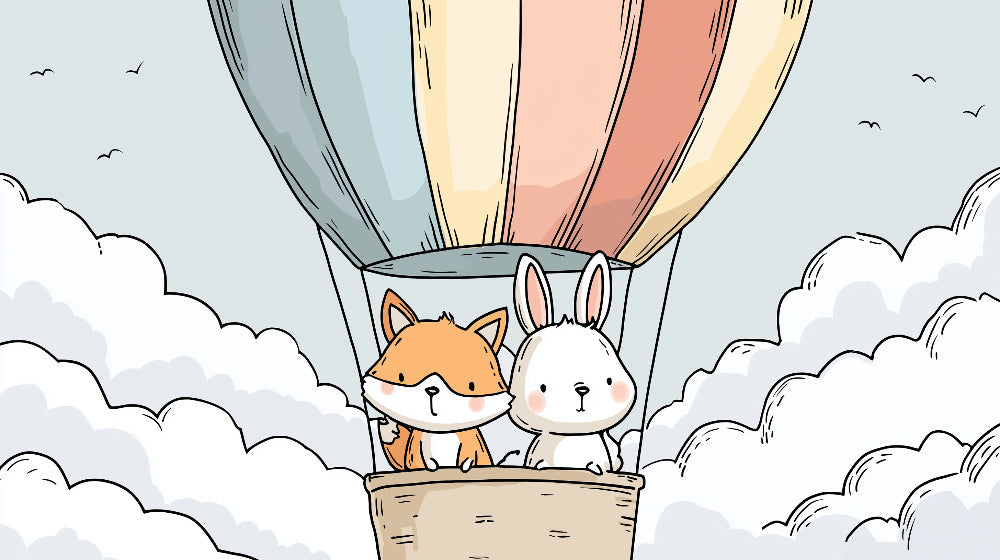 Detailed fox and rabbit hot air balloon mural wallpaper design pattern by Kids-Mundo