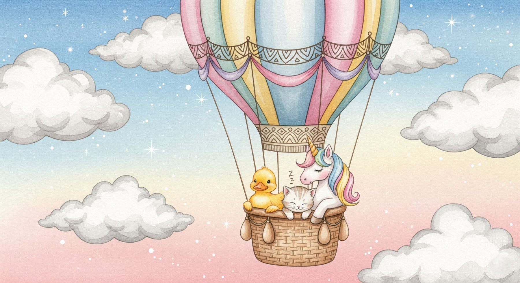 Detailed hot air balloon mural wallpaper design pattern with animal friends by Kids-Mundo