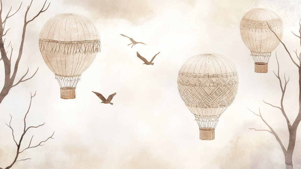 Detailed vintage hot air balloon mural wallpaper design pattern with birds by Kids-Mundo