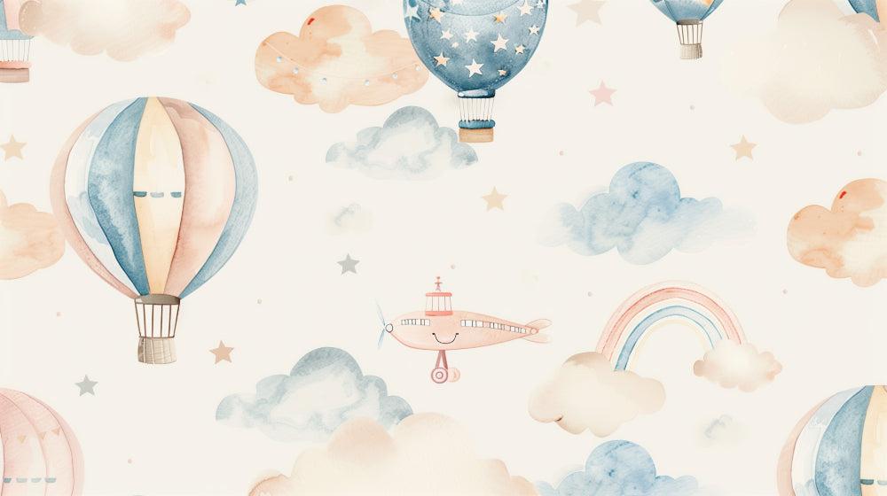 Detailed hot air balloon and clouds mural wallpaper design pattern by Kids-Mundo