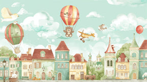 Detailed hot air balloon and enchanted village mural wallpaper design pattern by Kids-Mundo