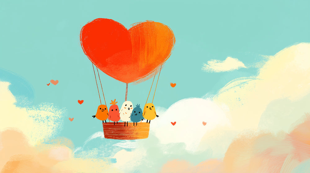 Detailed hot air balloon birds and hearts mural wallpaper design pattern by Kids-Mundo