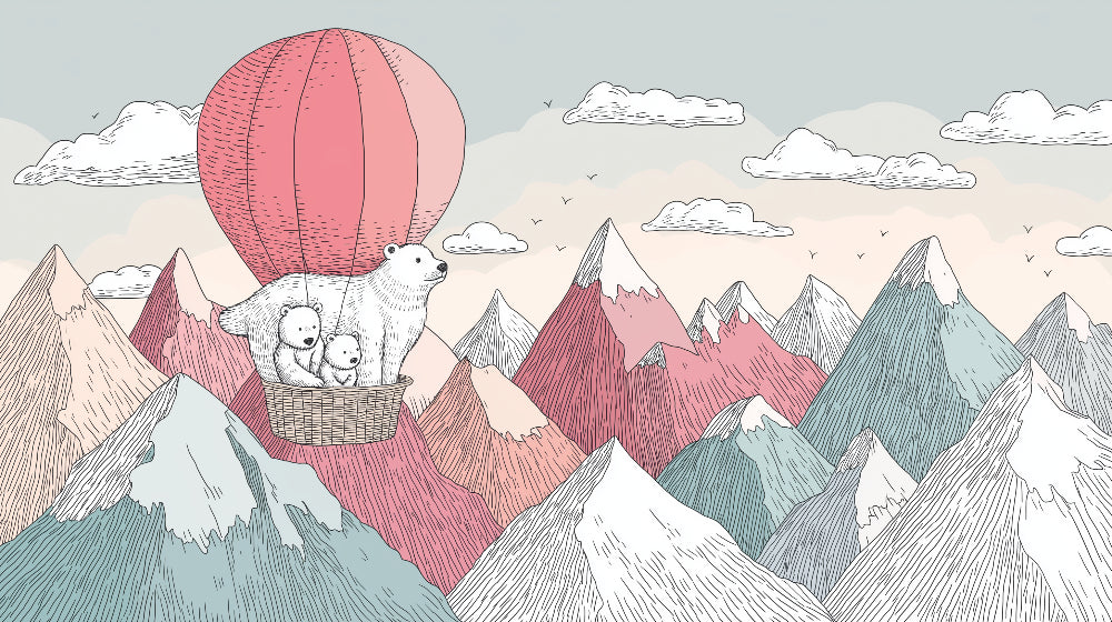 Detailed polar bear hot air balloon mural wallpaper design pattern with mountain landscape by Kids-Mundo