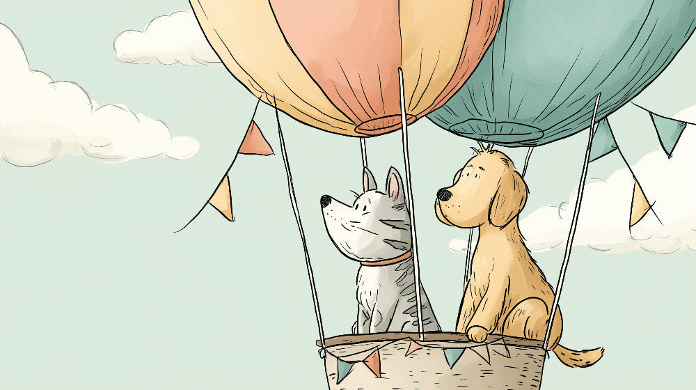 Detailed hot air balloon mural wallpaper design pattern with dog cat adventure by Kids-Mundo