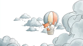 Detailed fox and rabbit hot air balloon mural wallpaper design pattern by Kids-Mundo