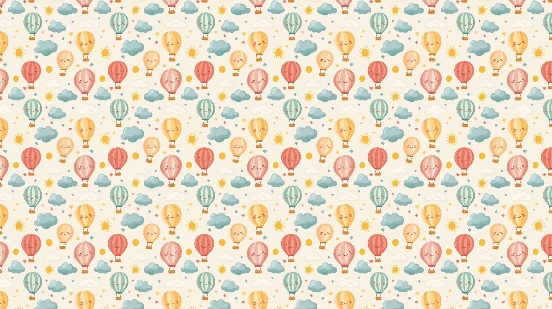 Detailed hot air balloon mural wallpaper design pattern with pastel clouds by Kids-Mundo