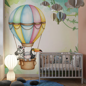 Jungle adventure balloon wallpaper creating magical atmosphere in children's bedroom