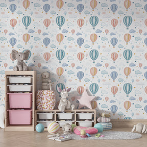 Colorful balloon wallpaper transforming children's bedroom with peaceful sky theme