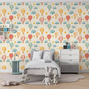 Joyful balloon wallpaper creating dreamy atmosphere in children's bedroom decor