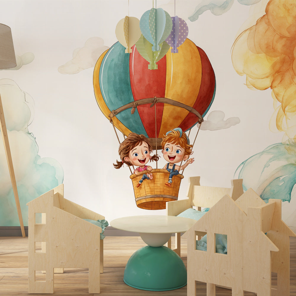 Adventure sky wallpaper with children in hot air balloon for colorful kids bedroom decor