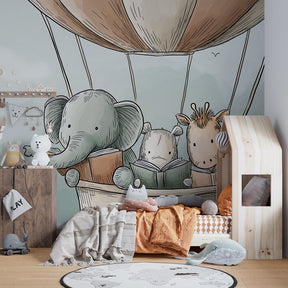 Animal adventure mural wallpaper transforming toddler bedroom into dreamy sky sanctuary