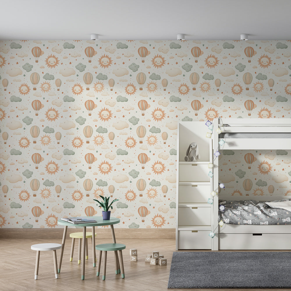 Beige hot air balloon mural wallpaper creating dreamy atmosphere in children's playroom