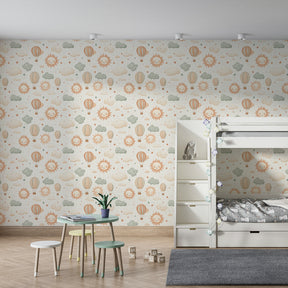 Beige hot air balloon mural wallpaper creating dreamy atmosphere in children's playroom