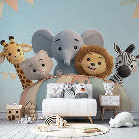 Children's hot air balloon mural wallpaper with pastel colors in cozy nursery setting
