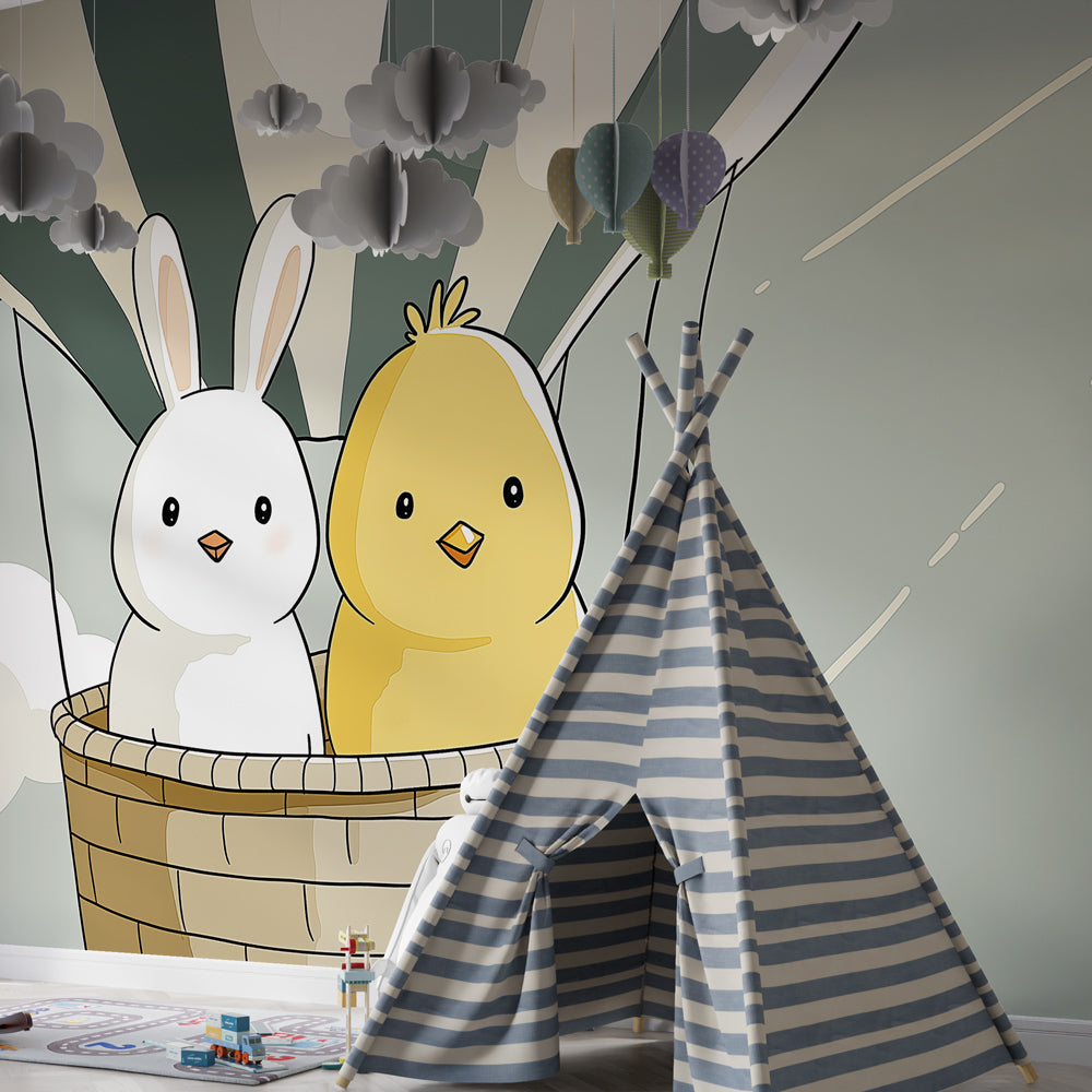 Animal adventure mural wallpaper transforming nursery into magical sky-themed sanctuary