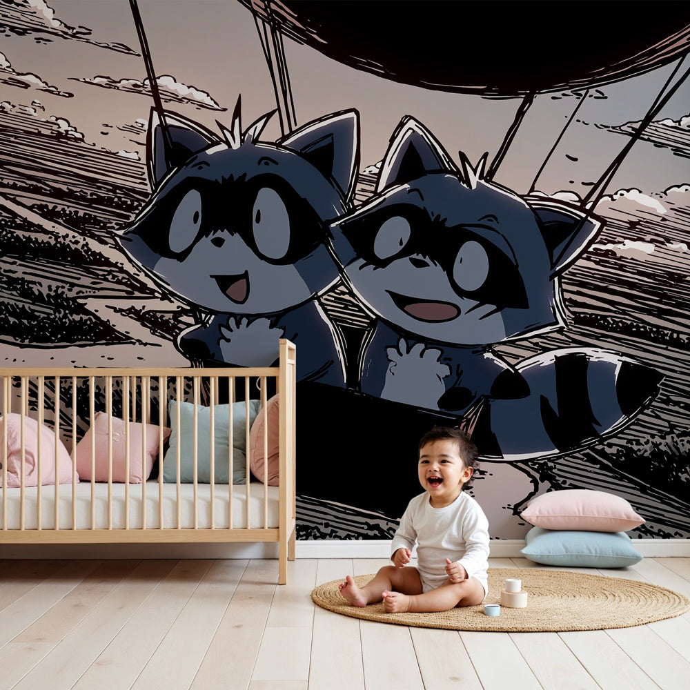 Hot air balloon mural wallpaper with raccoons creating adventure-themed nursery decor by Kids-Mundo