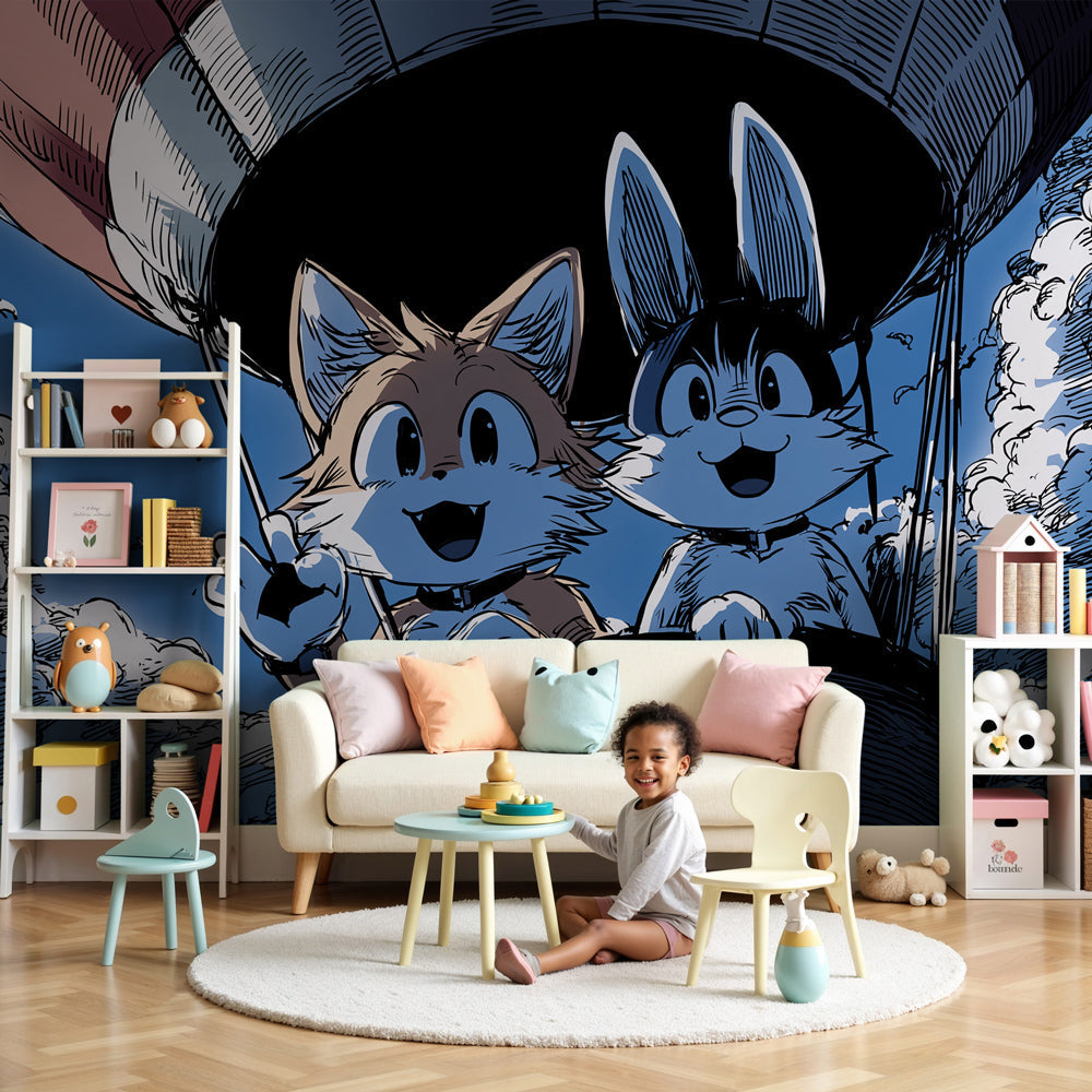 Hot air balloon animal adventure mural wallpaper in modern nursery room by Kids-Mundo
