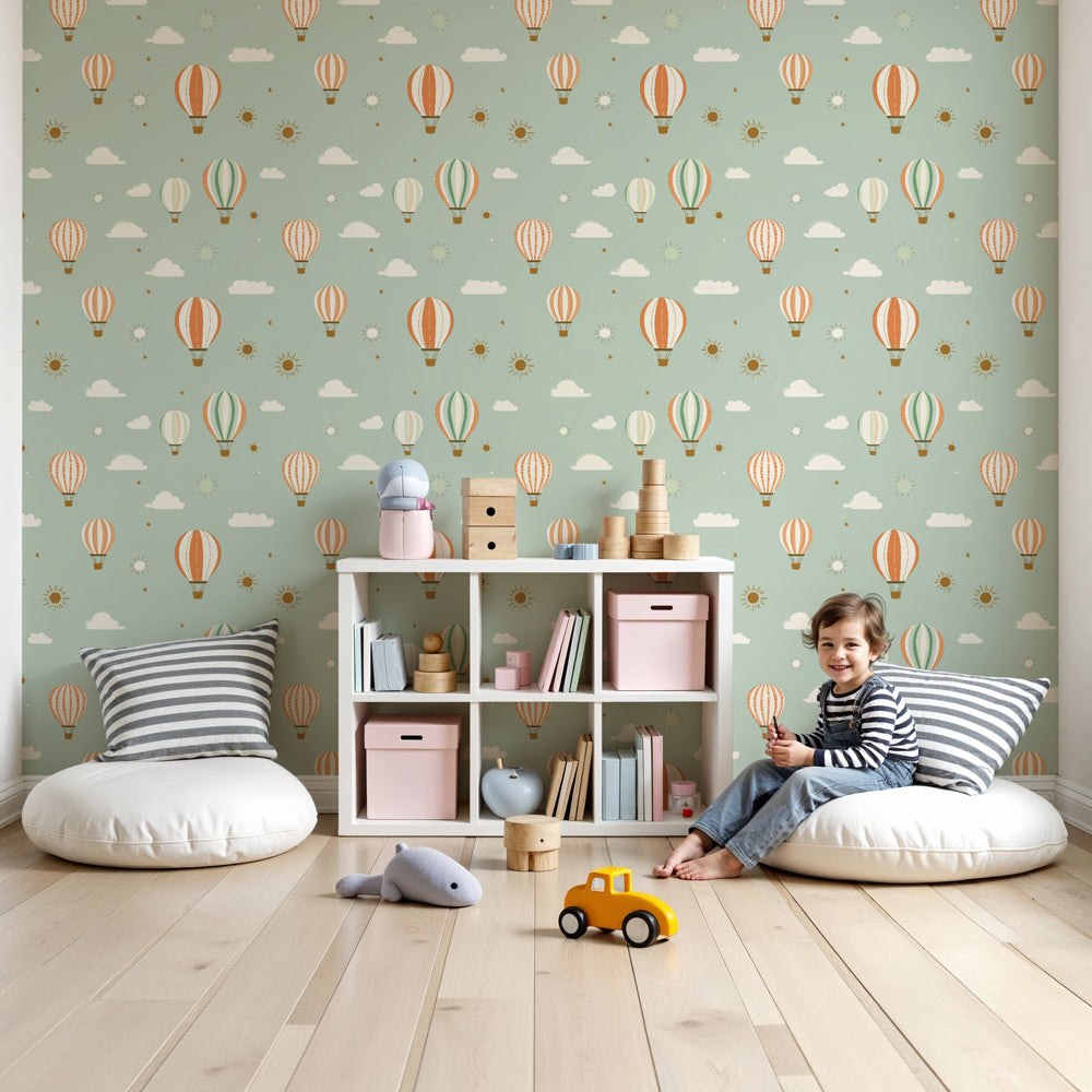 Hot air balloon mural wallpaper in modern nursery with colorful balloons and clouds by Kids-Mundo
