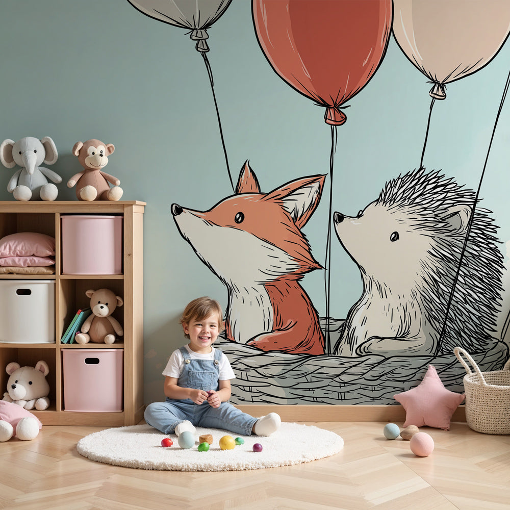 Hot air balloon mural wallpaper with fox and hedgehog in modern nursery by Kids-Mundo
