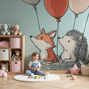 Hot air balloon mural wallpaper with fox and hedgehog in modern nursery by Kids-Mundo