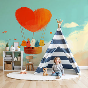 Hot air balloon mural wallpaper with birds and hearts in modern baby nursery by Kids-Mundo